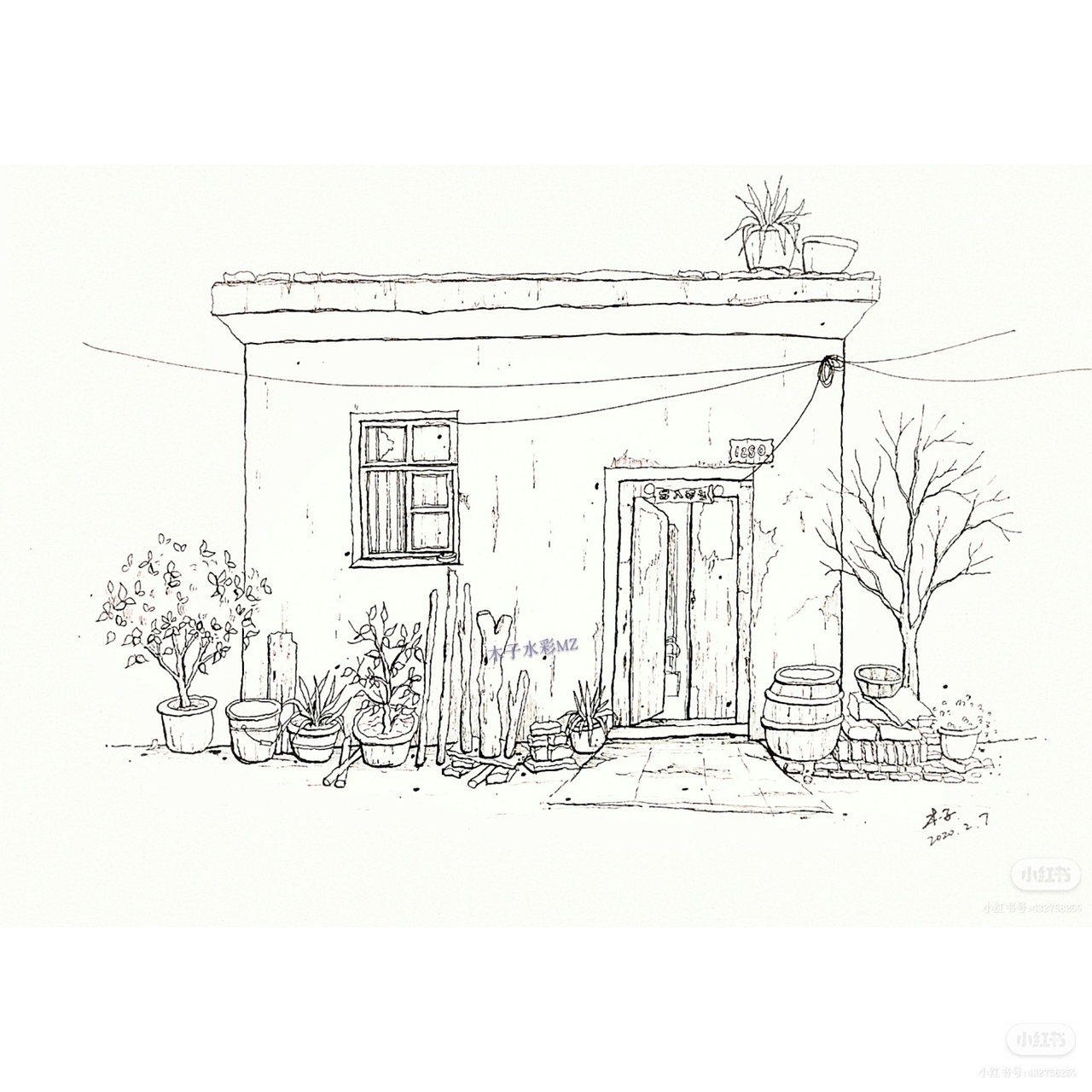 钢笔淡彩小房子