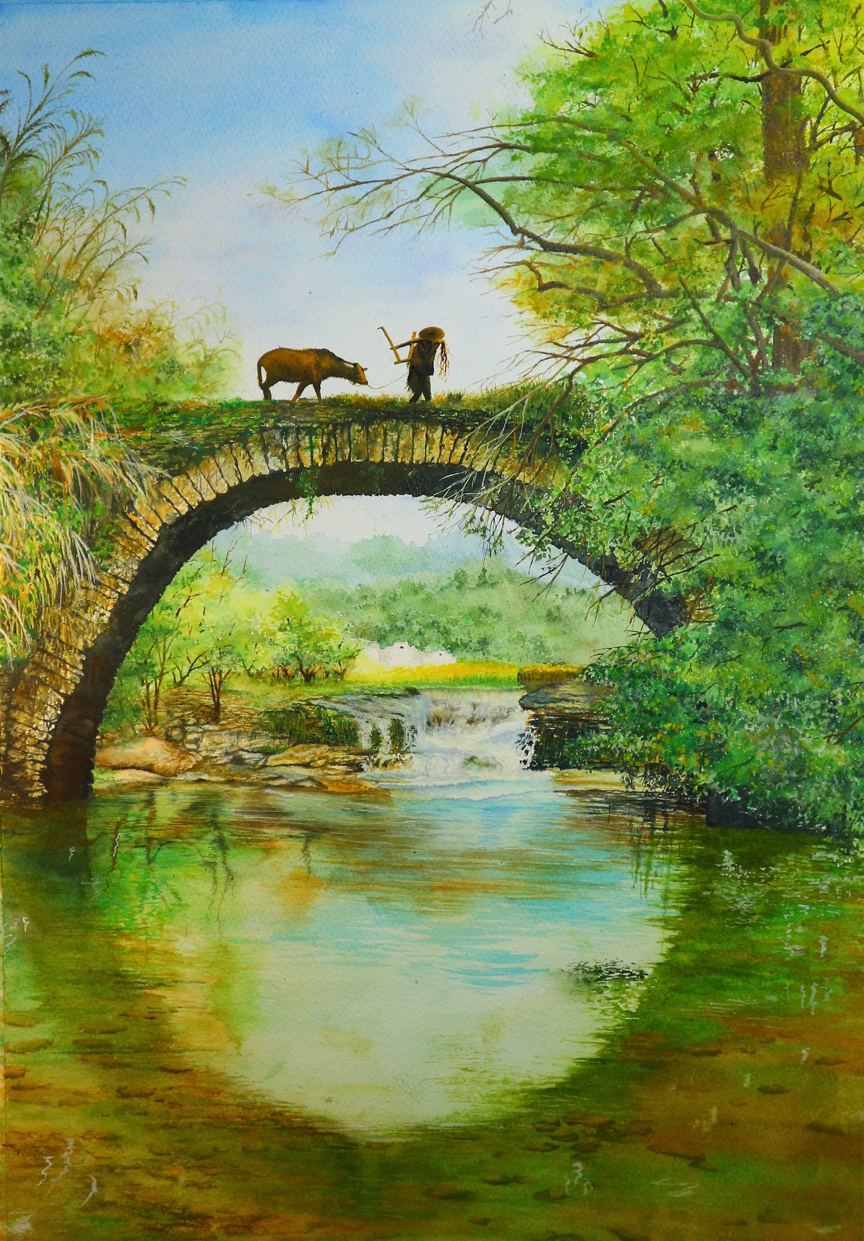 水彩画婺源的桥