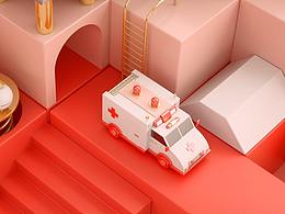 C4D临摹-卡通Q版救护车场景动画