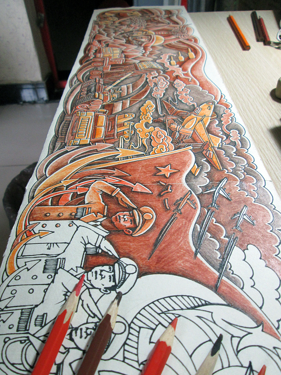 《军魂》浮雕设计稿 手绘过程