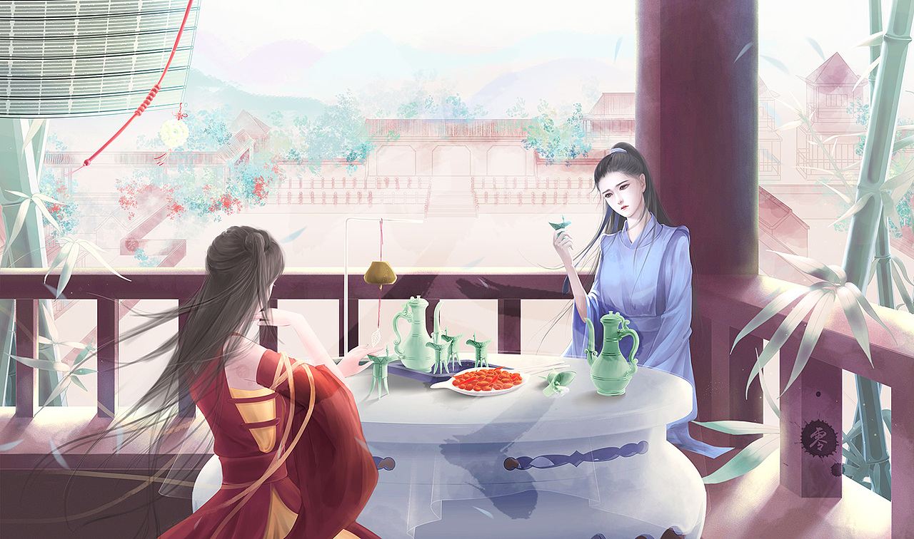 古风插画-亭中饮酒对酌-cg插画