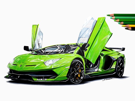 【马克笔&彩铅手绘】lamborghini aventador svj