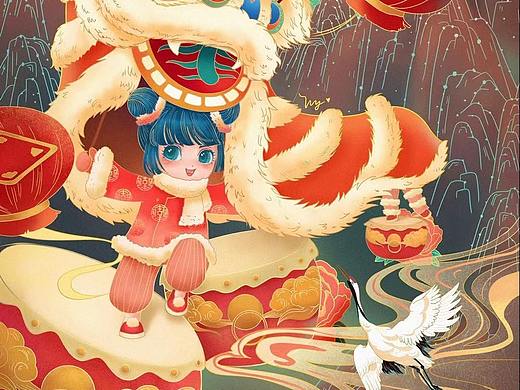 春节舞狮图/原创国潮插画