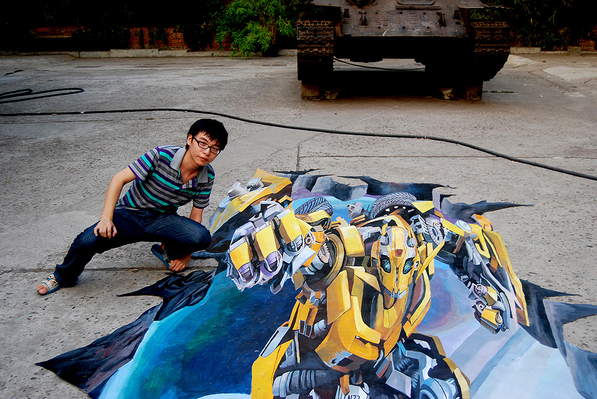 重庆坦克库3D地画变形金刚《大黄蜂》（图ZNDc2NzMwMTI=） - 新锐潮流插画 - 站酷设计师互艺文创原创素材 - 站酷ZCOOL