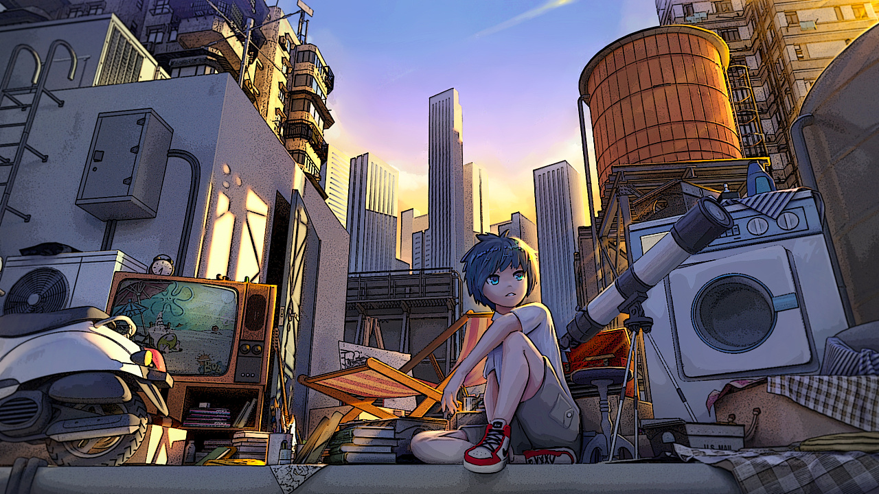 【插画】黄昏,天台,少年