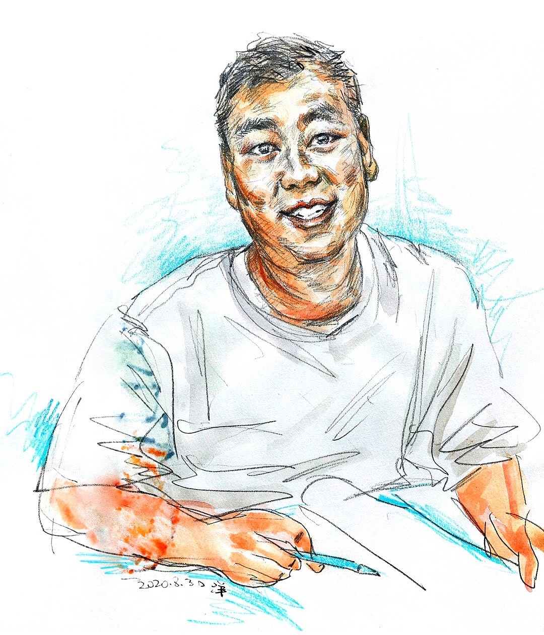 线描淡彩——对面的胖子