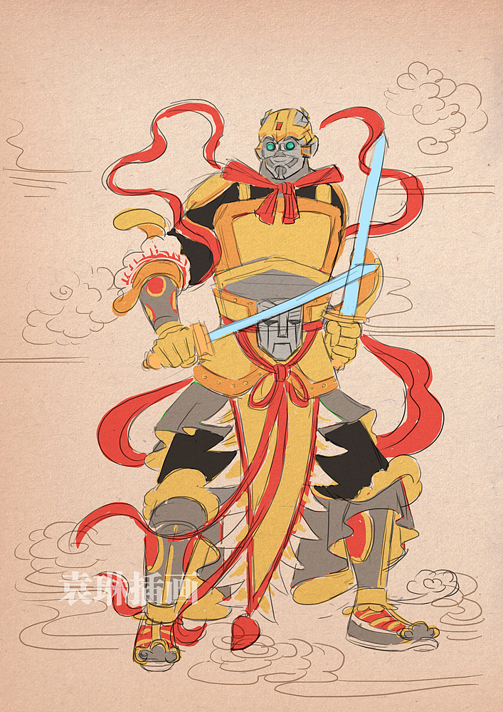 《变形金刚5》中国风插画海报（图ZODQ1MzQ4NjA=） - 商业插画 - 站酷设计师加油子原创素材 - 站酷ZCOOL