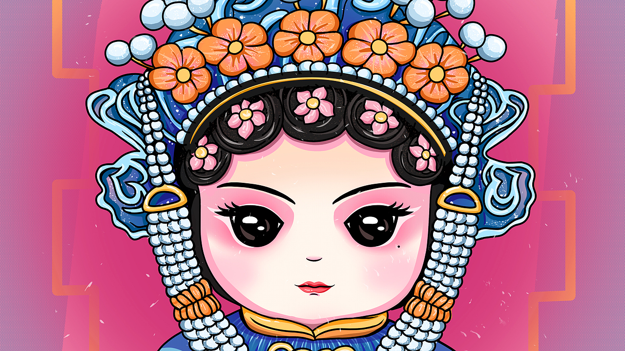 q版国潮可爱风花旦脸谱插画