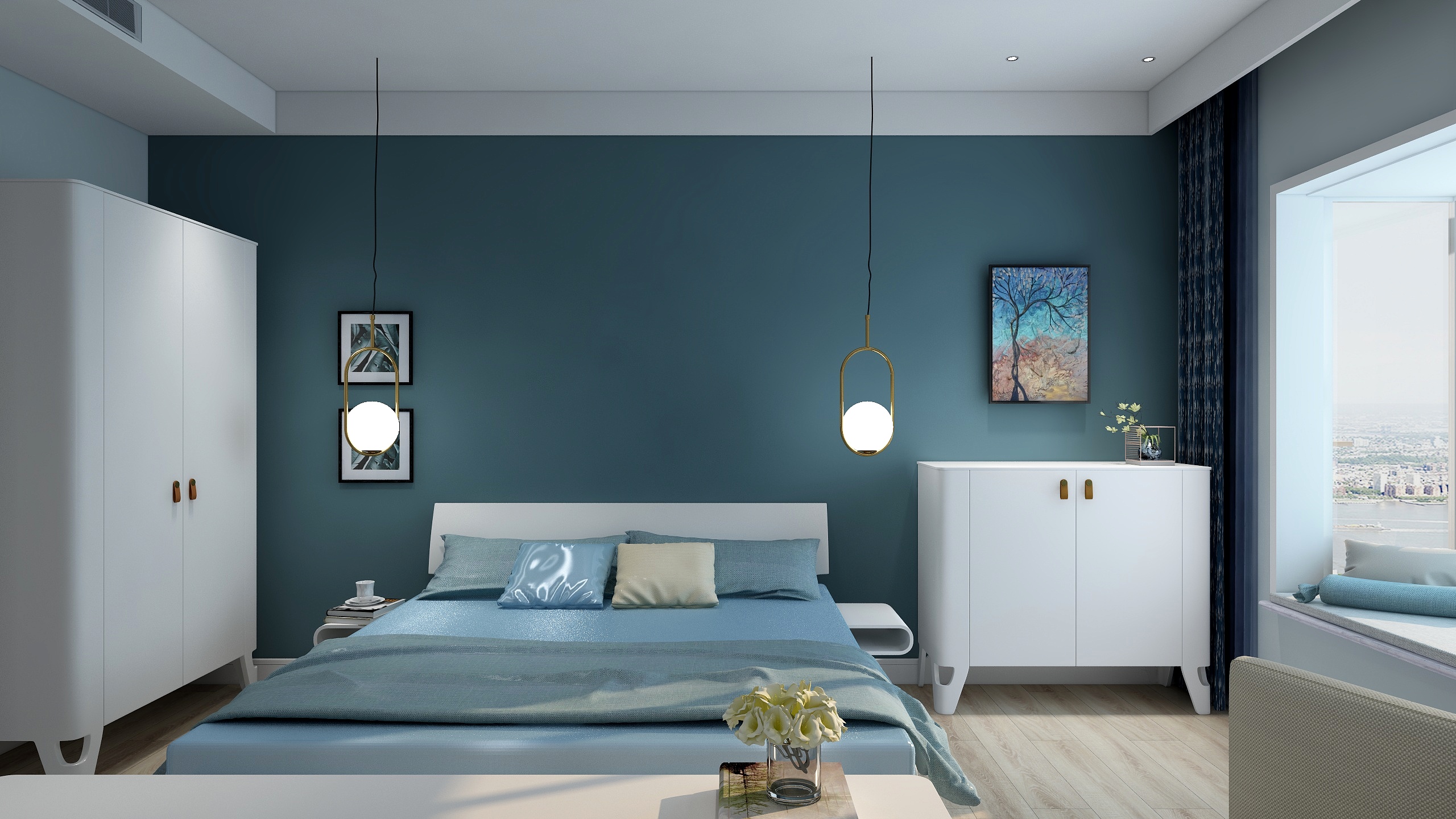 蓝绿色卧室墙面效果图图片