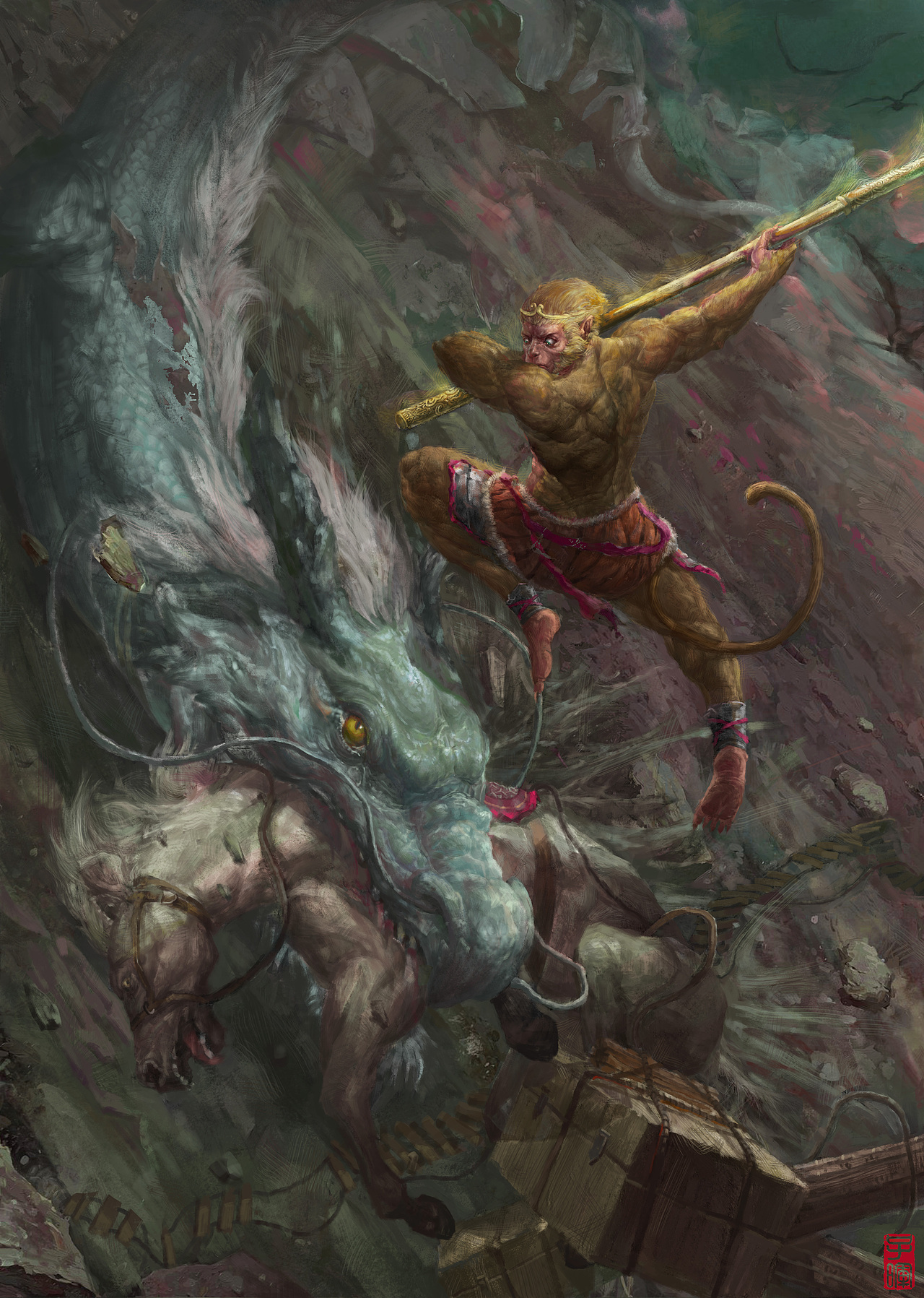 溅鹰愁,这张是在鹰愁涧中白龙吃掉唐僧白马的场景,画面主要是描写暴雨