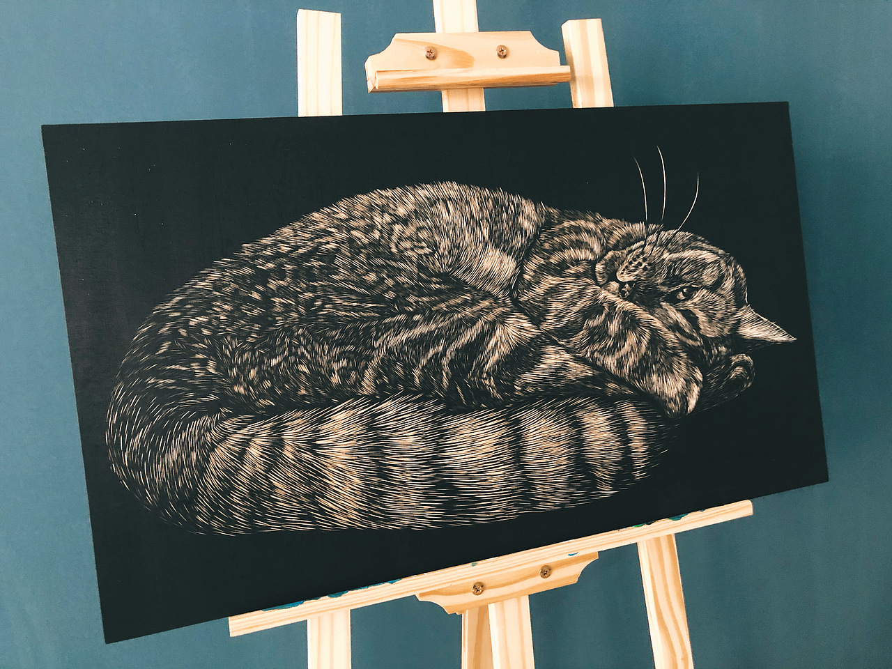 手工雕刻黑白木刻版画猫咪