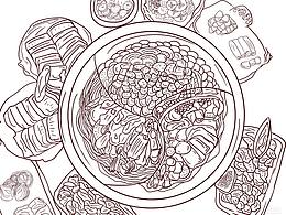 手繪插畫|火鍋線稿|愛美食很治愈