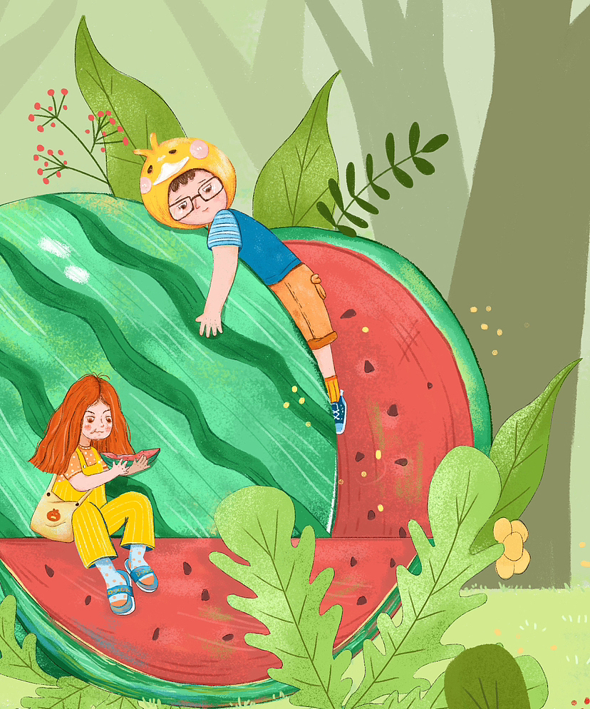 夏日的西瓜（图ZMzM5MjM1MDc2） - 儿童插画 - 站酷设计师Sikina原创素材 - 站酷ZCOOL