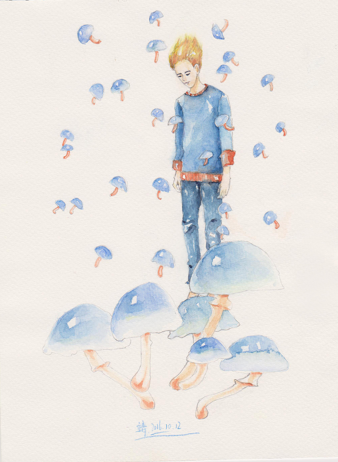 水彩插画-《蘑菇与少年系列》（图ZNjE4ODIxNDA=） - 艺术插画 - 站酷设计师包装设计师靖娣原创素材 - 站酷ZCOOL