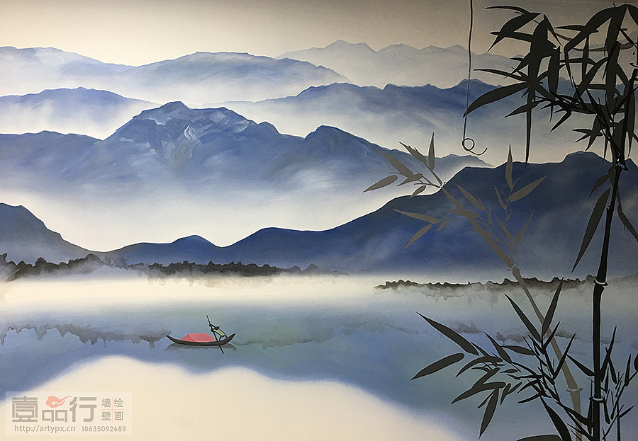 新中式山水墙体彩绘|太原墙绘|太原彩绘|太原手绘墙（图ZMTQ2OTMxMDQ4） - 绘画 - 站酷设计师壹品行墙绘壁画原创素材 - 站酷ZCOOL