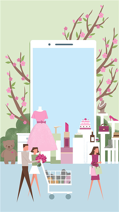 与手机有关购物、出行、服务、学习的春夏秋冬四季插画