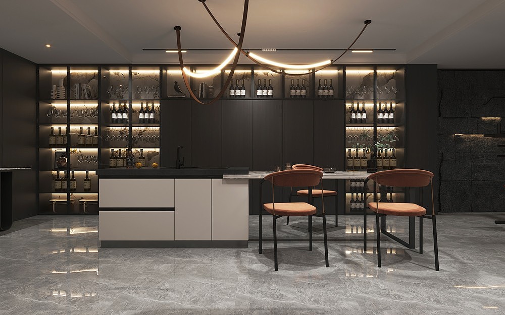 现代别墅客餐厅全景效果图