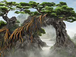 中国风写实，假山古树大门，假山上有很多气生根缠绕