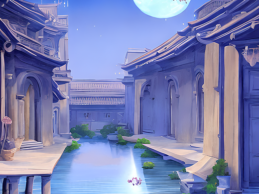 #站酷梦笔#水粉，动漫，插画，古风建筑群，莲花池，府