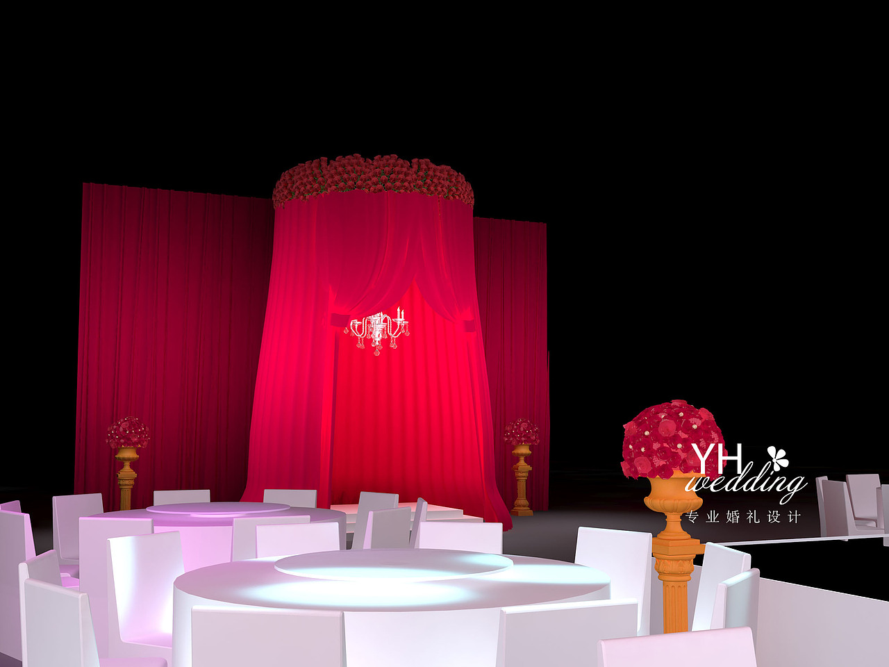 酒红色婚礼舞台3D效果图 出场处水晶吊顶 华丽婚礼效果图