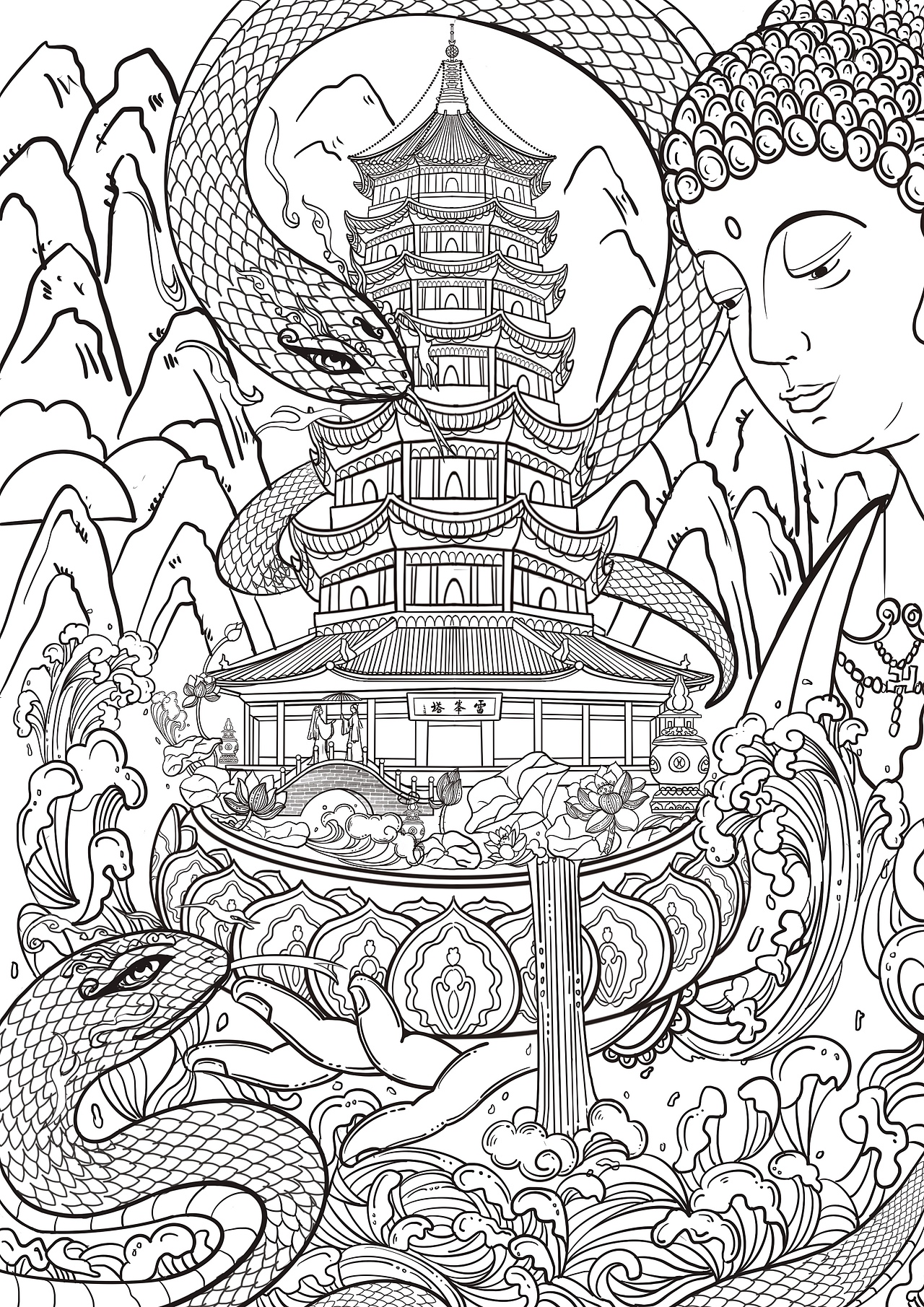 国风插画雷峰塔建筑白蛇青蛇元素