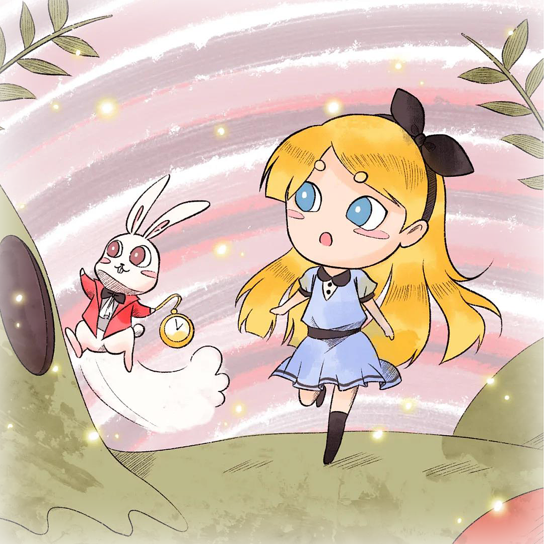 爱丽丝在树荫下休息时忽然她看到一只穿礼服的兔子,一边看着手表一边