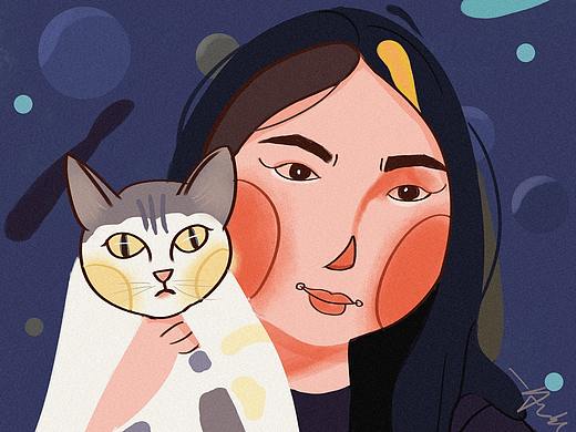 人物与猫咪插画