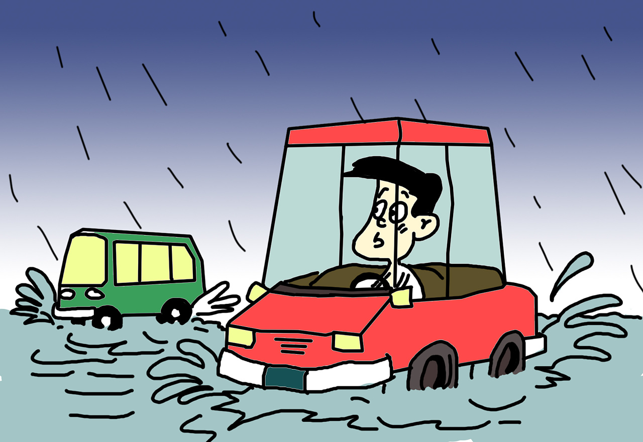 狂风暴雨天气下打伞的卡通素材下载