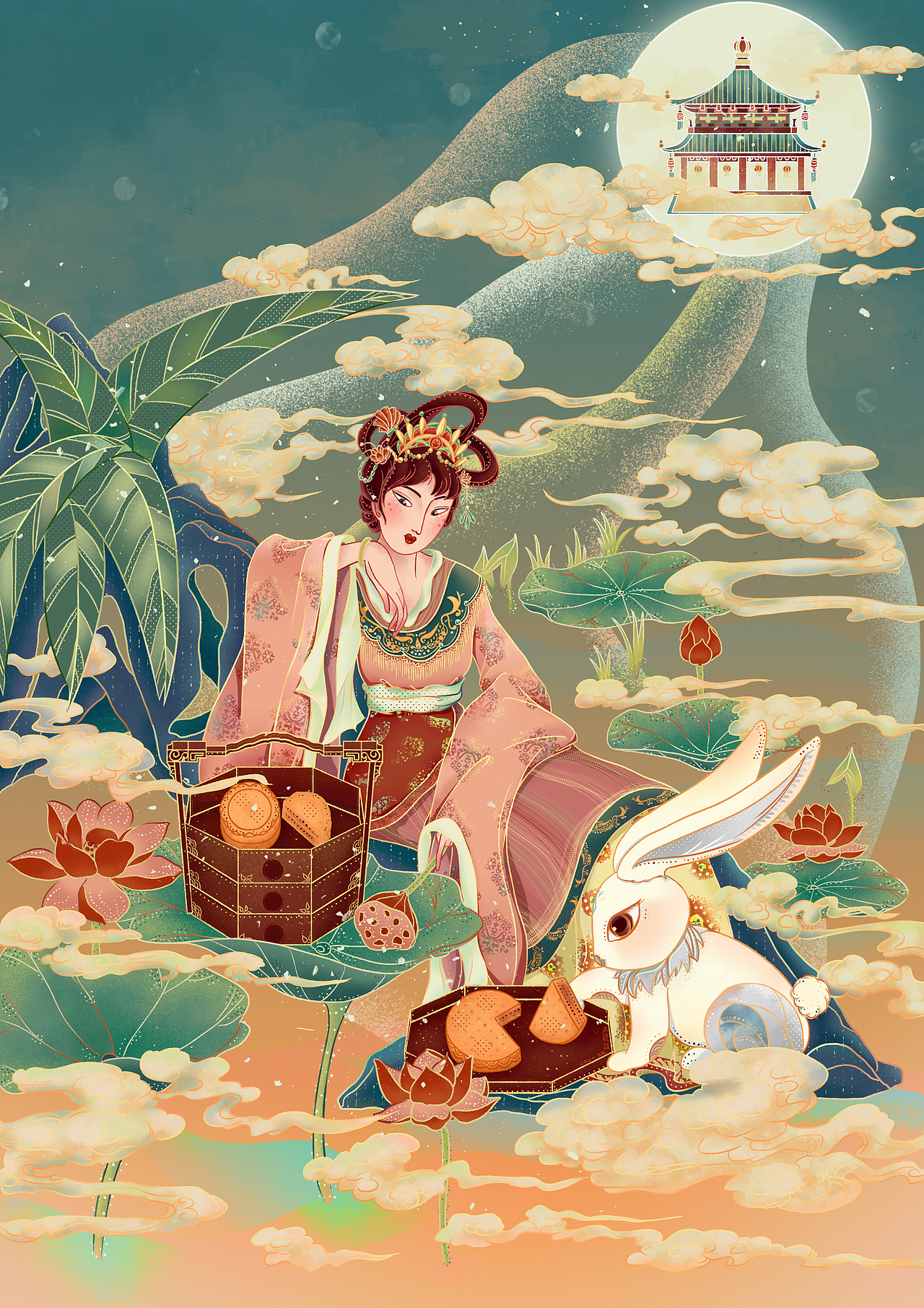 中秋佳节嫦娥和玉兔吃月饼_周颖艺-站酷zcool