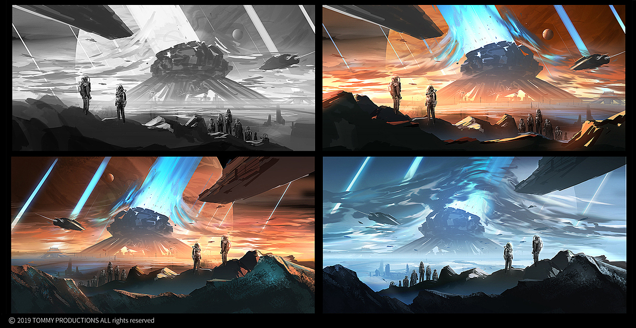 02
气氛图的绘制——在黑白稿的基础上添加色彩氛围，确定太阳主光源的位置、时间段、天气等等。（一般夕阳和日出会比较容易出效果），表现较大场景时，可以通过强调空气透视，利用大气浓度来烘托距离和体量感。这幅图我尝试了两个时间段的效果，后来发在微博上征求了大家的意见，最终决定用晨昏线日出的氛围。