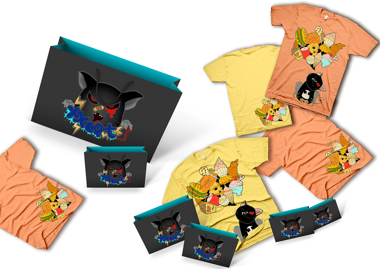 叉叉猫T-SHIRT和礼品袋版式效果图
