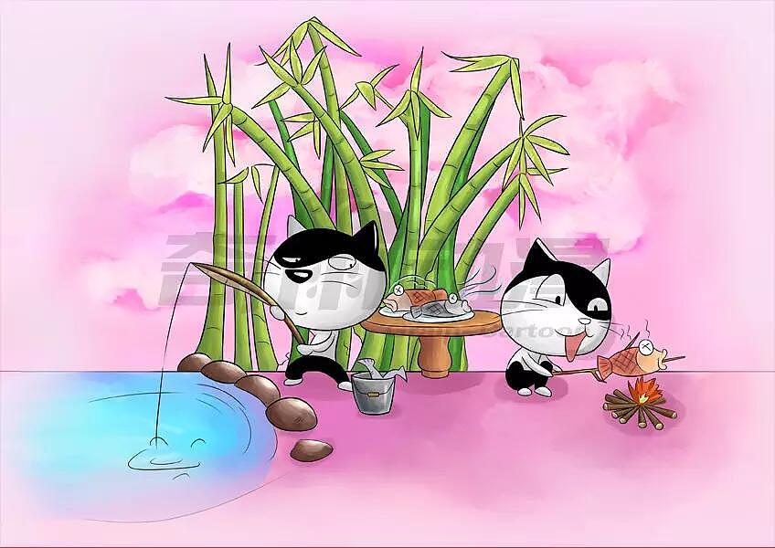 商业插画-宣传漫画-产品宣传-会抓鱼的猫插画