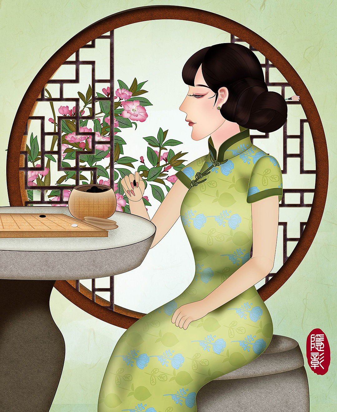 唯美古风下棋棋盘卷帘旗袍美人