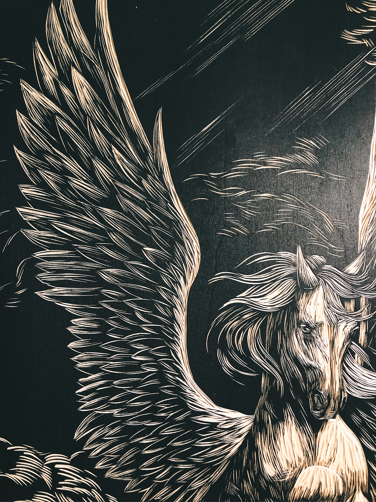 手工雕刻黑白木刻版画飞马