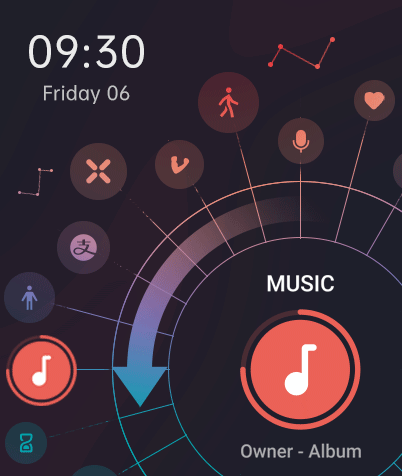 使用了看似比较随性,但是实际上很有趣味性的交互。像船舵一样的圆盘与壁纸相呼应。周围围绕着手表内置的app icon。用户可以根据自己的喜好来排列修改。使用圆圈形滑动的方式来查找和选择app。也可以之间点击图标进入app。
<br>如果使用滑动来查找选择app,点亮app后,点击右下角的大图标可以进入到app的主页面。