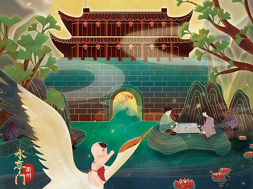 国潮古建插画 衢州水亭门