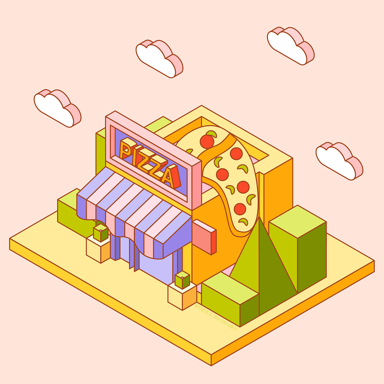 ai插画#2.5d插画——pizza小店
