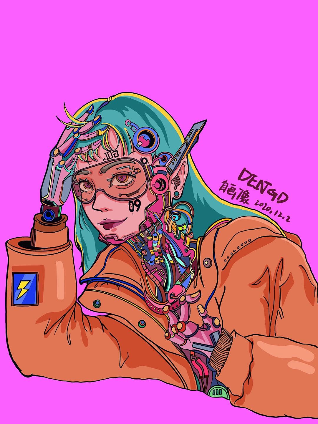 又开始画自己了～哈哈哈 最近喜欢上了赛博朋克的风格