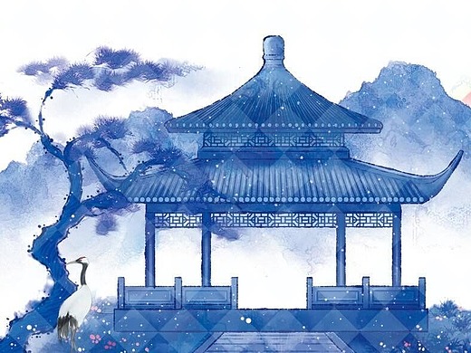 手绘古风插画青花场景建筑系列