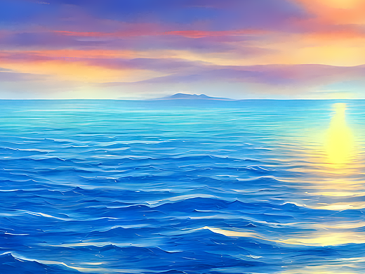 站酷梦笔#蓝色平静的海面 日出,插画