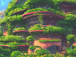 #站酷夢(mèng)筆#被植物包圍的圓形建筑、溫馨，動(dòng)漫風(fēng)