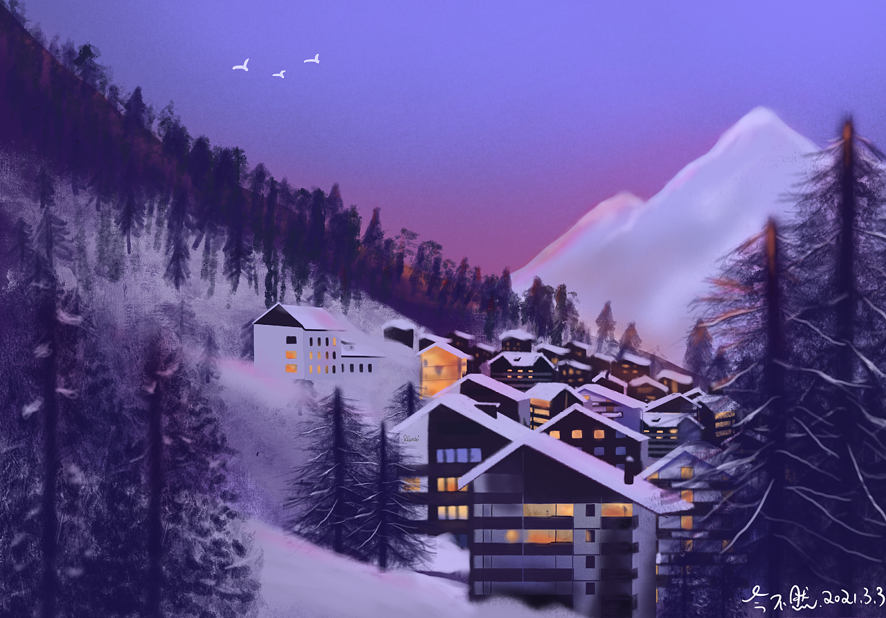 雪山下的风景小镇|插画|创作习作|今不然 - 临摹作品 - 站酷 (zcool)