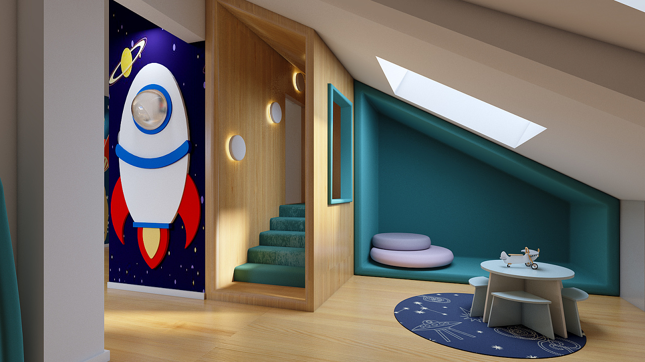 坡屋顶阁楼变儿童娱乐室|空间|家装设计|睡不醒的加菲 - 原创作品