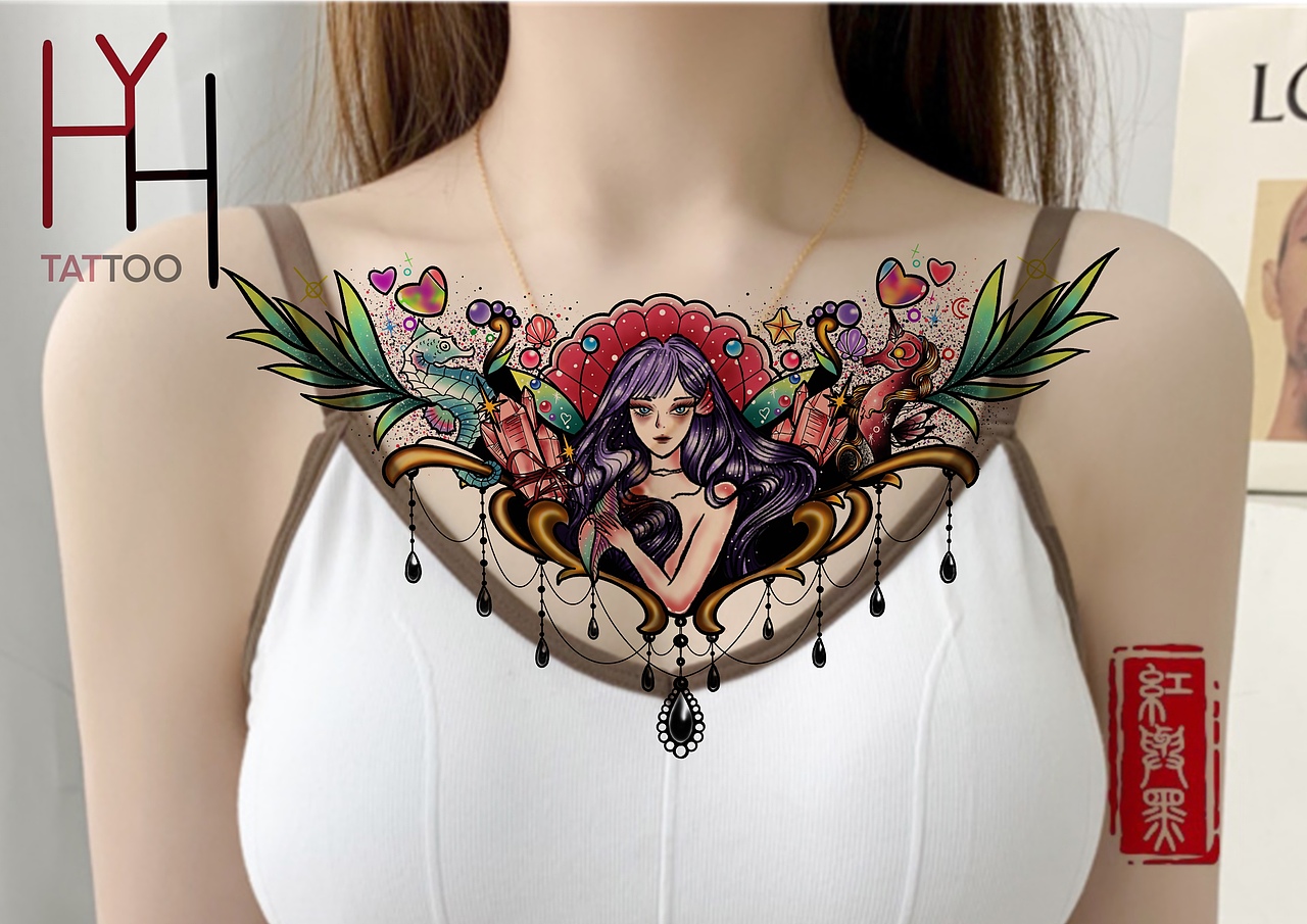 海洋公主花胸纹身手稿