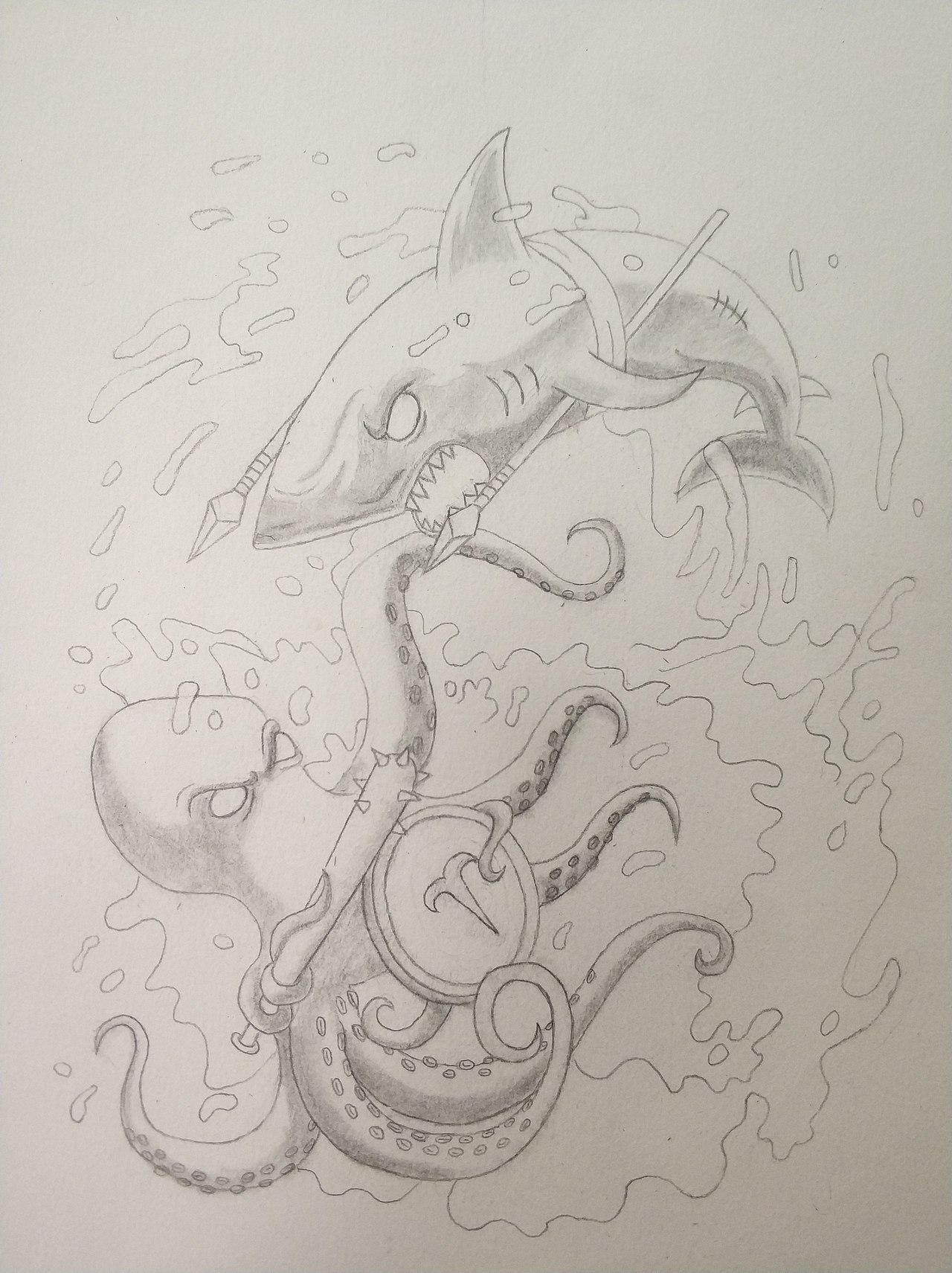 手绘 鲨鱼大战章鱼哥