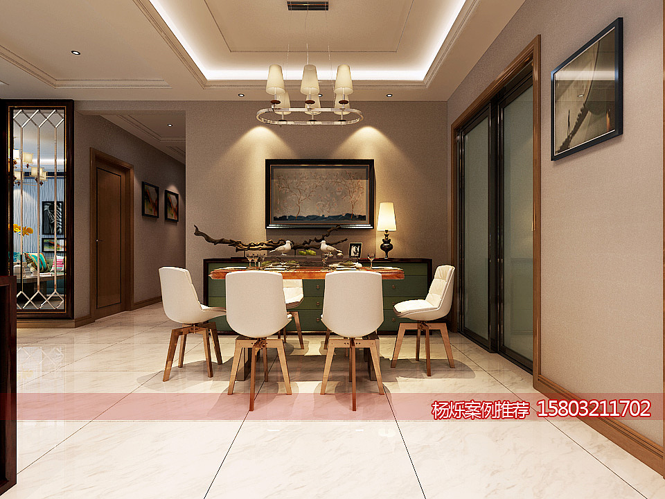 餐厅方形吊顶,背景采用贵族色墨绿来做点缀,提升空间尊贵感。