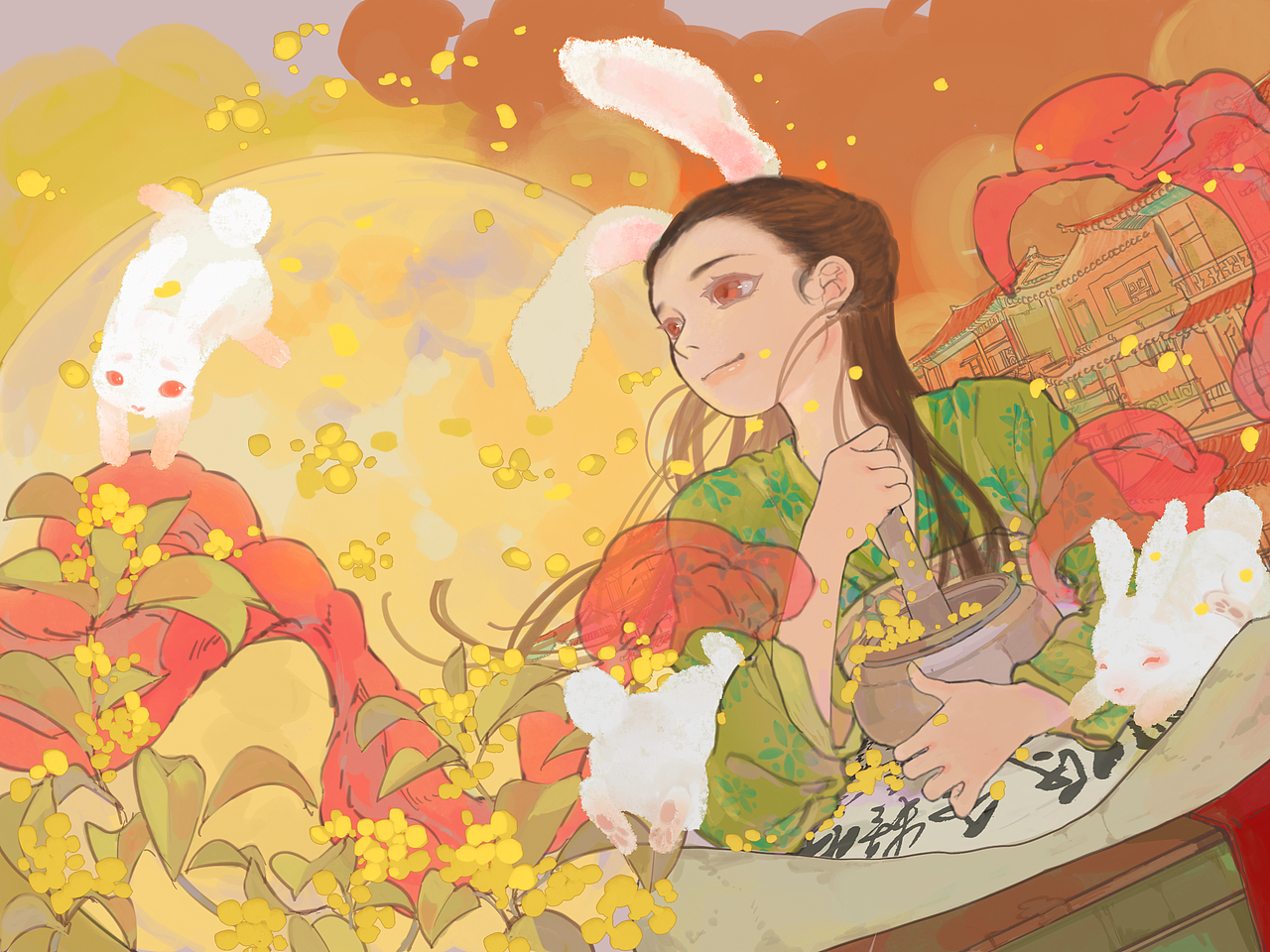 【玉兔捣药】中秋节插画设计「一」（图ZMzExOTAxNDMy） - 创作习作 - 站酷设计师咻咻就跑原创素材 - 站酷ZCOOL
