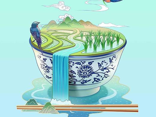 牧马湖大米包装插画