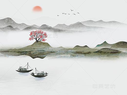 大尺寸蓝色淡雅山水画