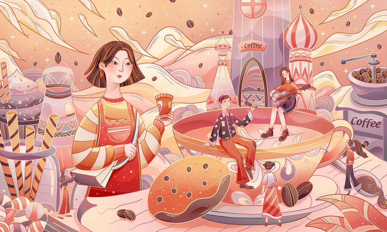 國風(fēng)線性插畫——咖啡王國（圖ZMzIzMjE2MjA4） - 藝術(shù)插畫 - 站酷設(shè)計(jì)師來碗麻醬原創(chuàng)素材 - 站酷ZCOOL